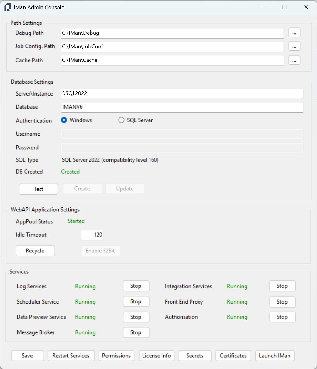 The IMan Admin Console, with the Message Broker running in the Services group beside Log Services, the Scheduler Service, the Data Preview Service, Integration Services, the Front End Proxy and Authorisation
