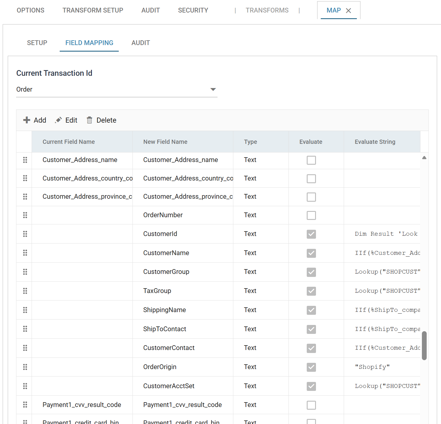 A Map transform open in the Designer on its Field Mapping tab, with a continuous grid of fields showing each field's name, type, Evaluate tick and Evaluate String